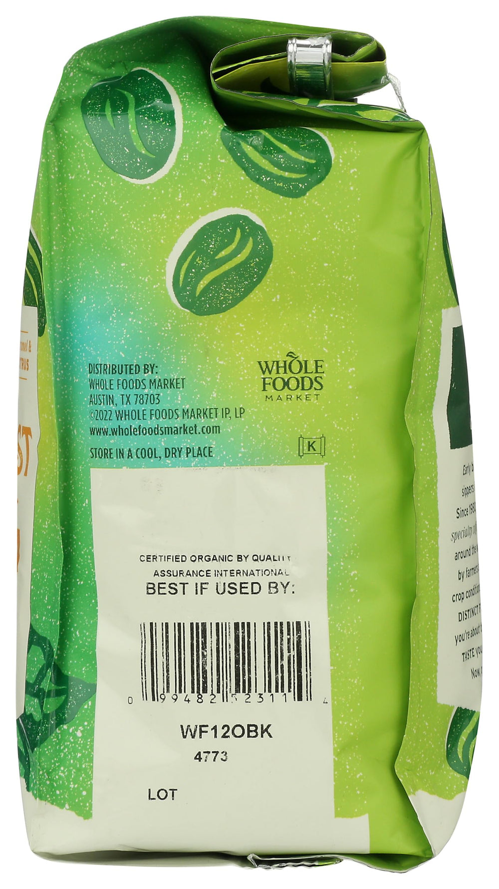Whole Foods Market Organic Breakfast Blend label showing certifications for ethical farming