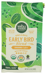 Whole Foods Market Organic Early Bird Blend bag on kitchen counter, ready for quick mornings.