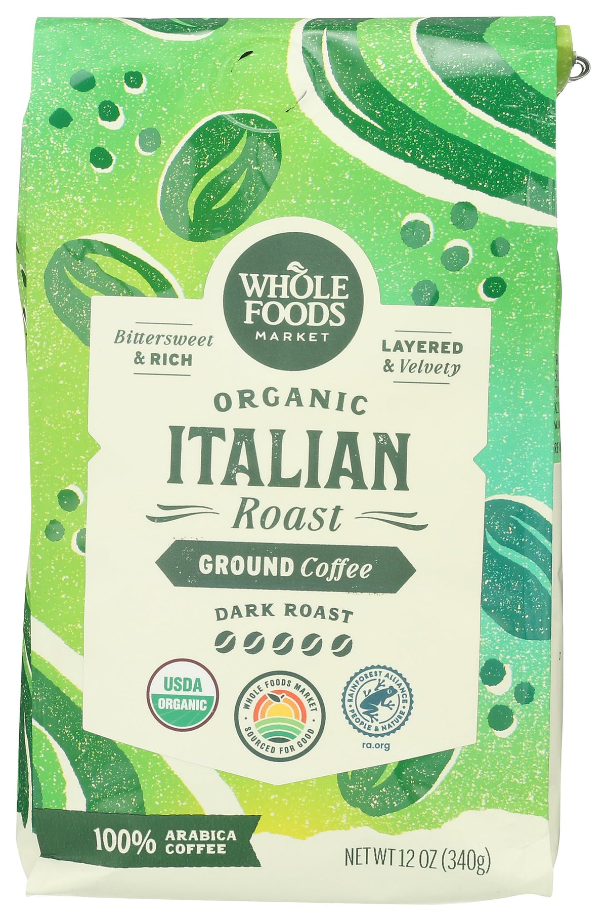 Whole Foods Market Organic Ground Coffee Dark Italian Roast bag for convenient at-home brewing.