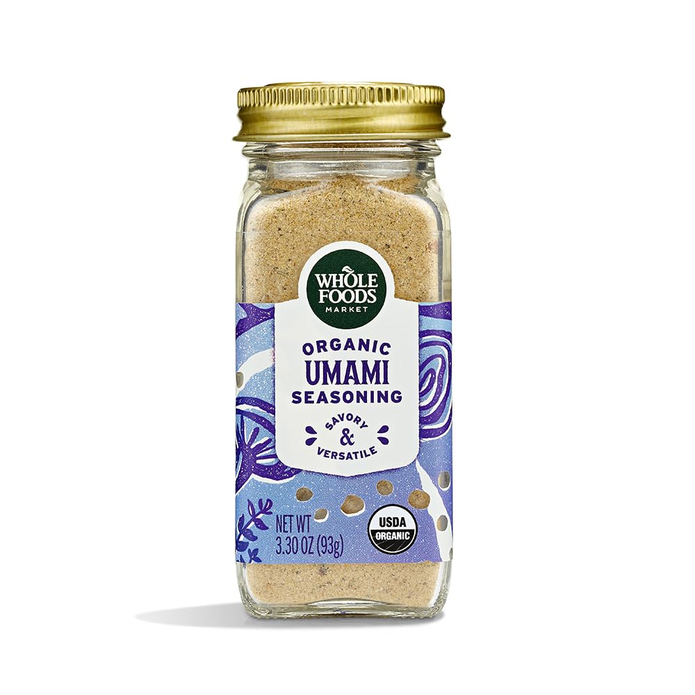 Whole Foods Market organic umami seasoning bottle for enhancing soups and marinades.