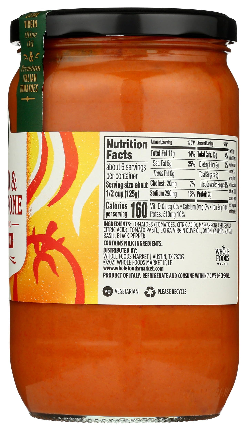 Closeup of Whole Foods Market Tomato & Mascarpone Sauce ingredients for quick meals