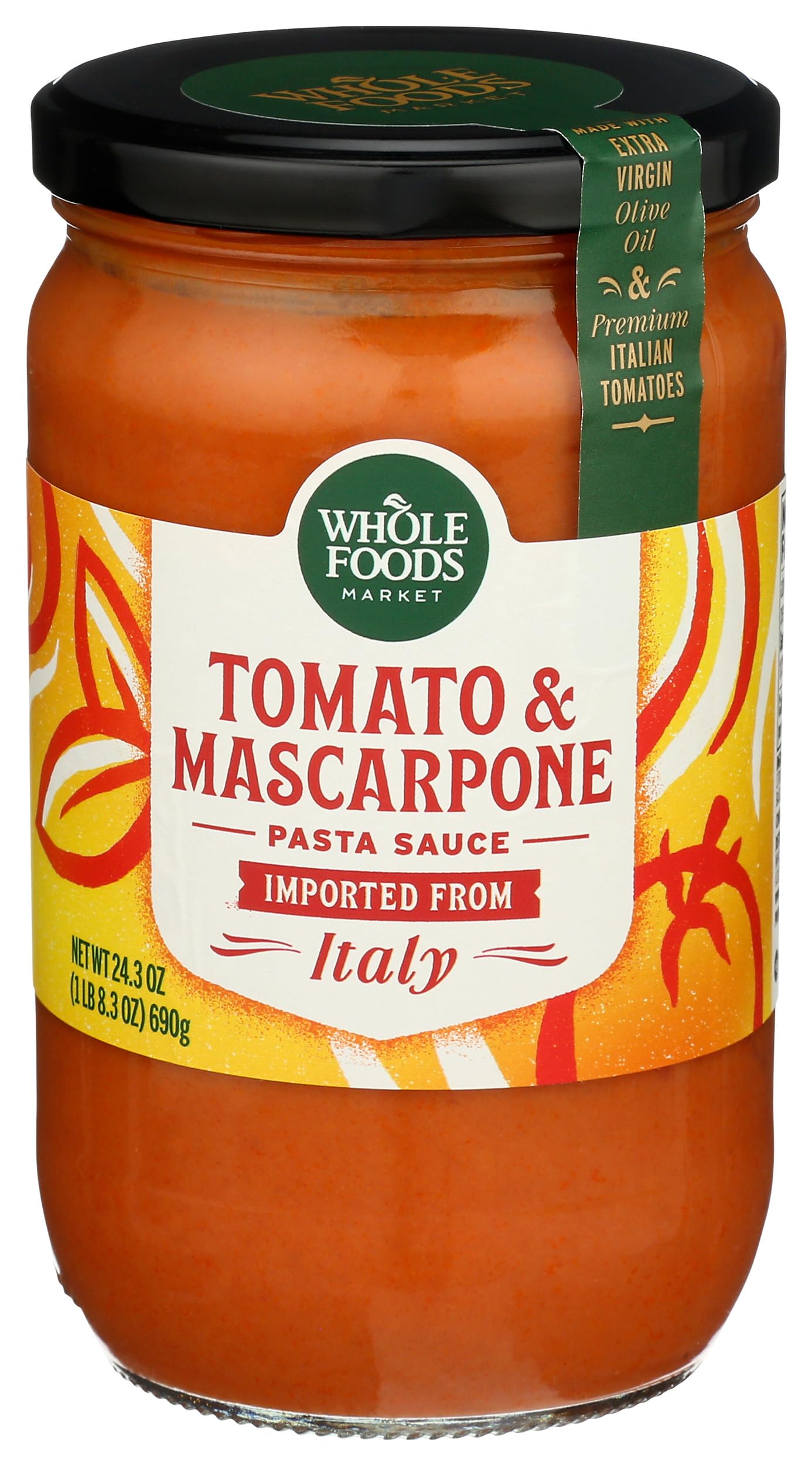 Whole Foods Market Tomato & Mascarpone Pasta Sauce jar front, ideal for quick weeknight pasta