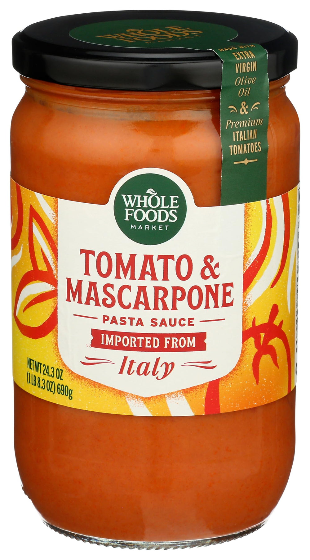 Whole Foods Market Tomato & Mascarpone Pasta Sauce jar front, ideal for quick weeknight pasta