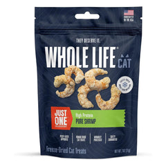 Whole Life Pet Just One Shrimp front label showing single-ingredient protein snack for cats.