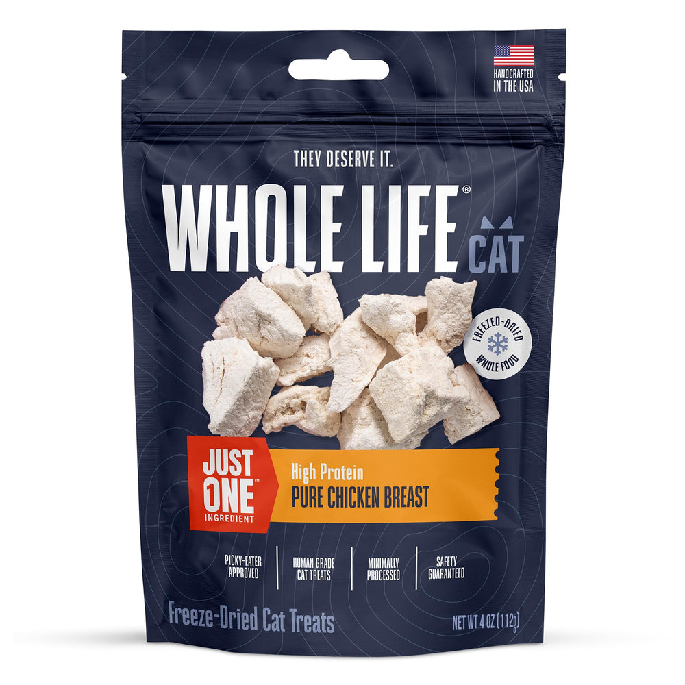 Whole Life Just One Chicken cat treats in freeze-dried form highlighting single-ingredient nutrition