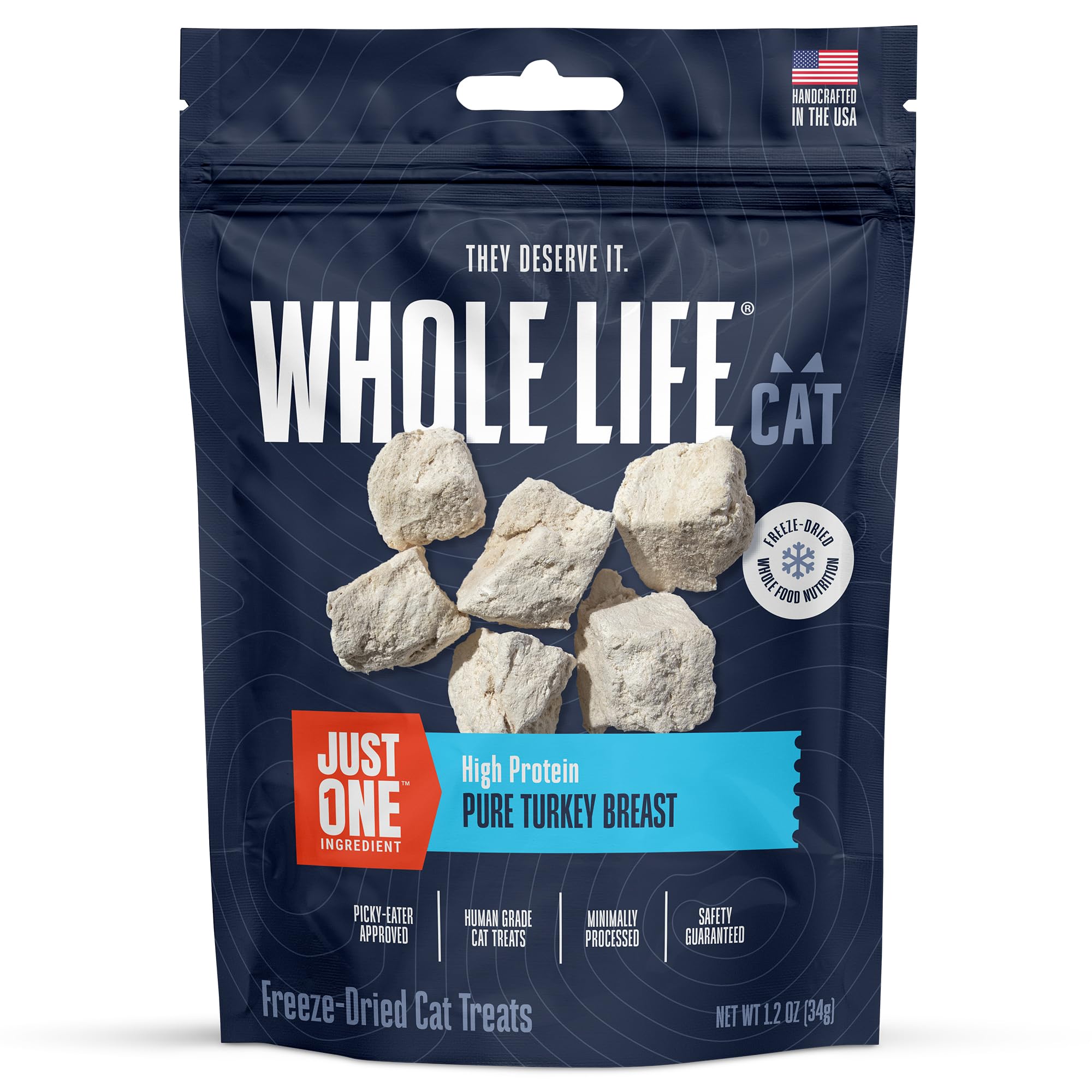 Packaging close-up of Whole Life Pet Just One Turkey cat treats, USA-made freshness