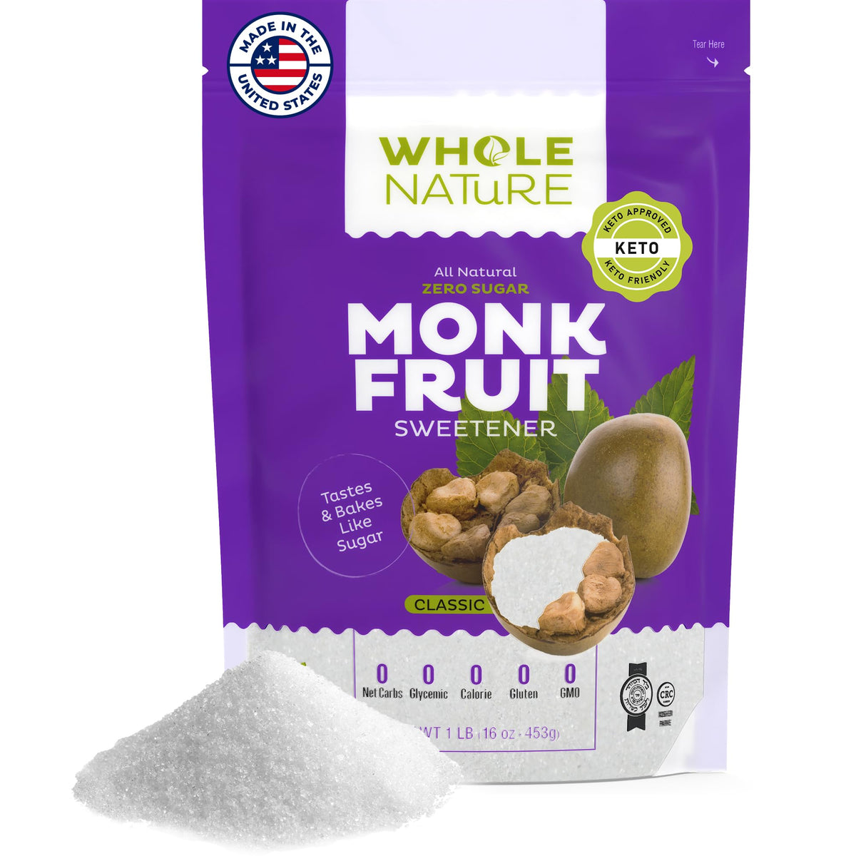 Whole Nature Monk Fruit Sweetener 16oz bottle for sugar-free baking and keto-friendly meals.