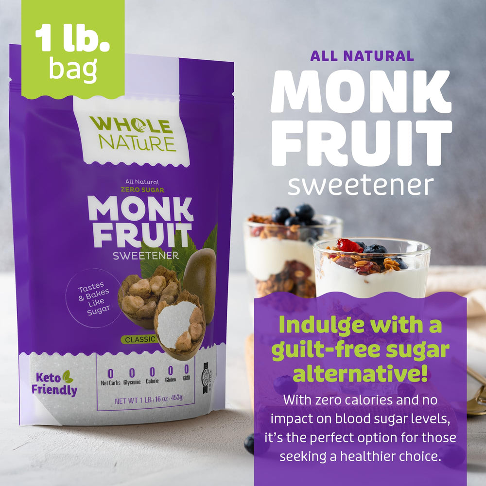 Whole Nature Monk Fruit Sweetener baking dish supports baking desserts with zero-calorie sweetness.