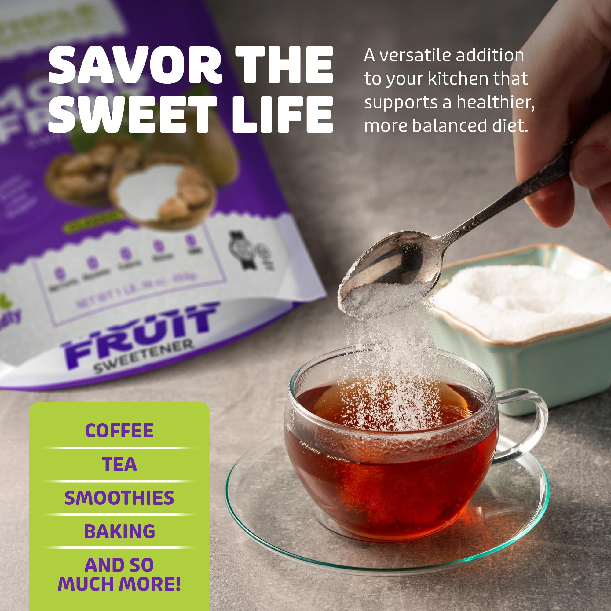 Whole Nature Monk Fruit Sweetener pantry label offers a versatile, zero-calorie sugar substitute.