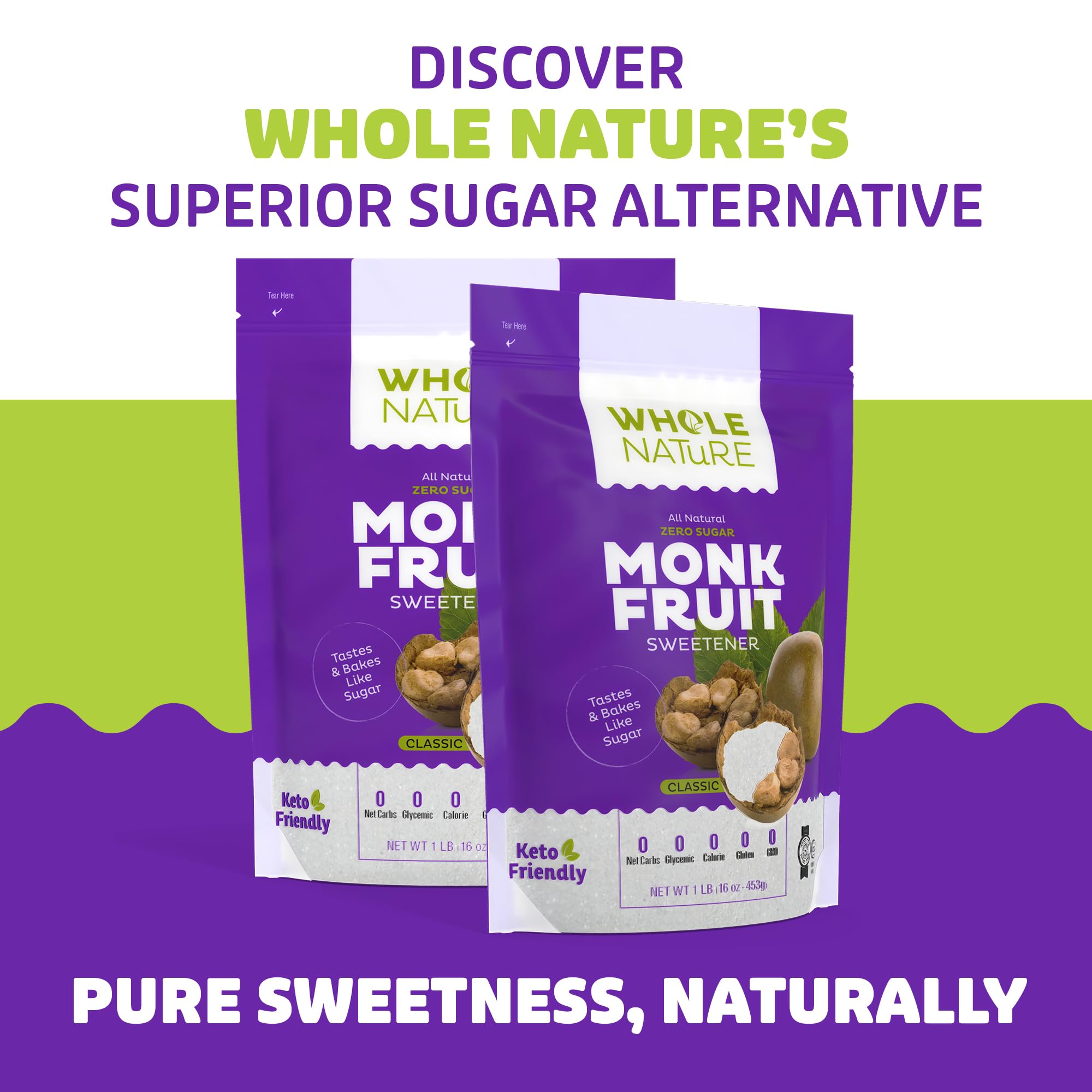Whole Nature Monk Fruit Sweetener made in the USA supports clean keto-friendly kitchen goals.