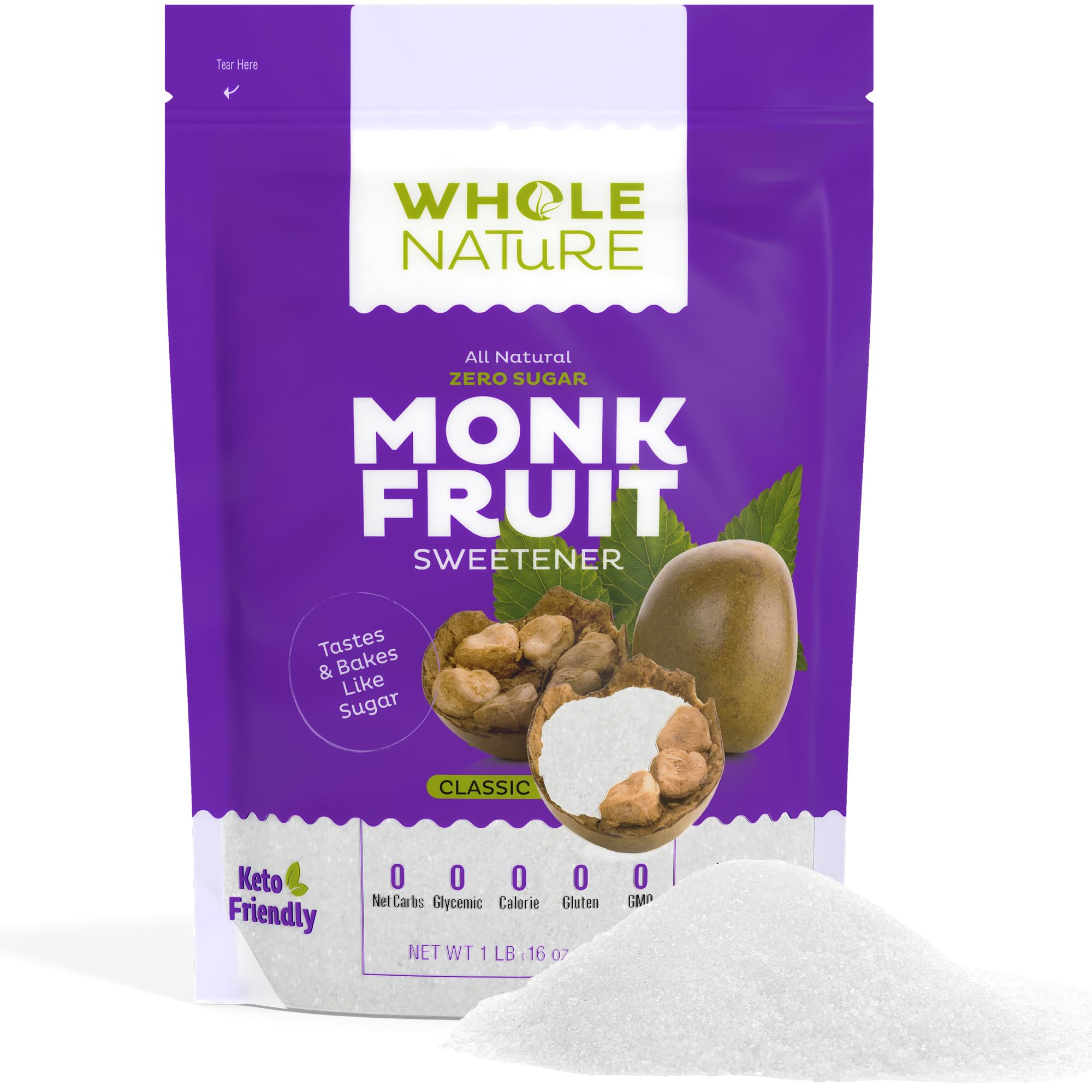 Whole Nature Monk Fruit Sweetener zero calorie ingredient suitable for low-carb recipes.