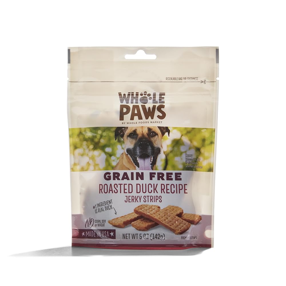 Whole Paws friandises jerky sans céréales au canard rôti dans sachet refermable préserve la fraîcheur.