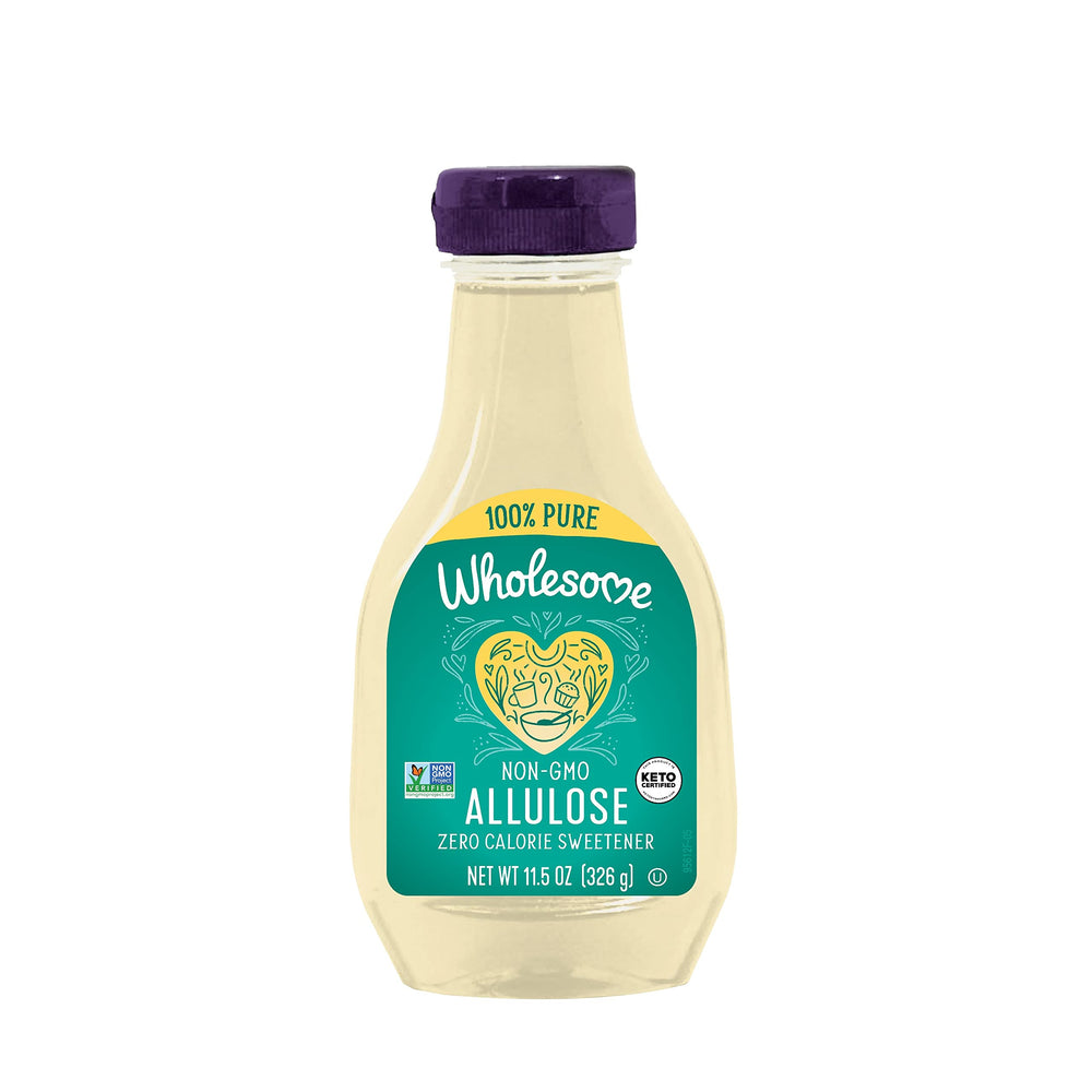 Wholesome Allulose liquid bottle pour shows zero-calorie sweetness for beverages.