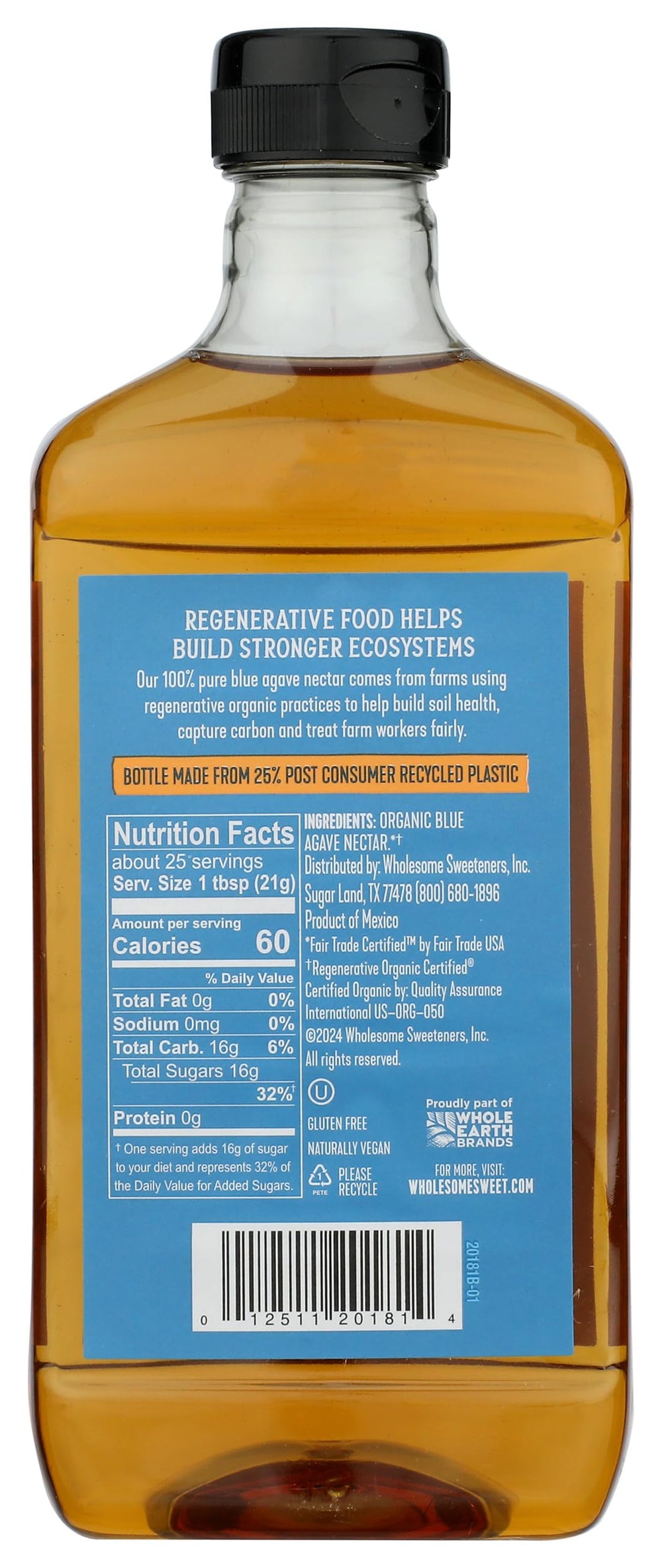 Wholesome Blue Agave Nectar bottle with label, perfect for drizzling on breakfast treats.