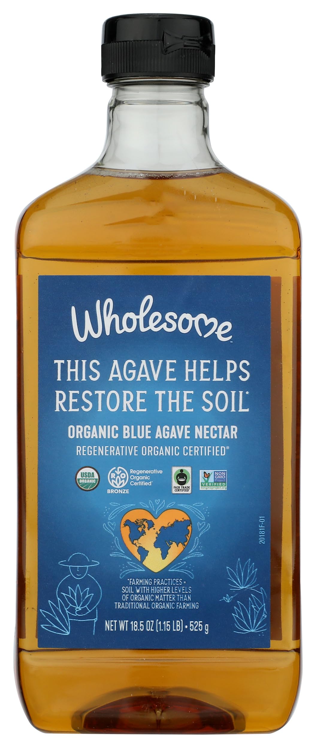 Wholesome Blue Agave Nectar bottle being poured, a natural sweetener ideal for beverages.