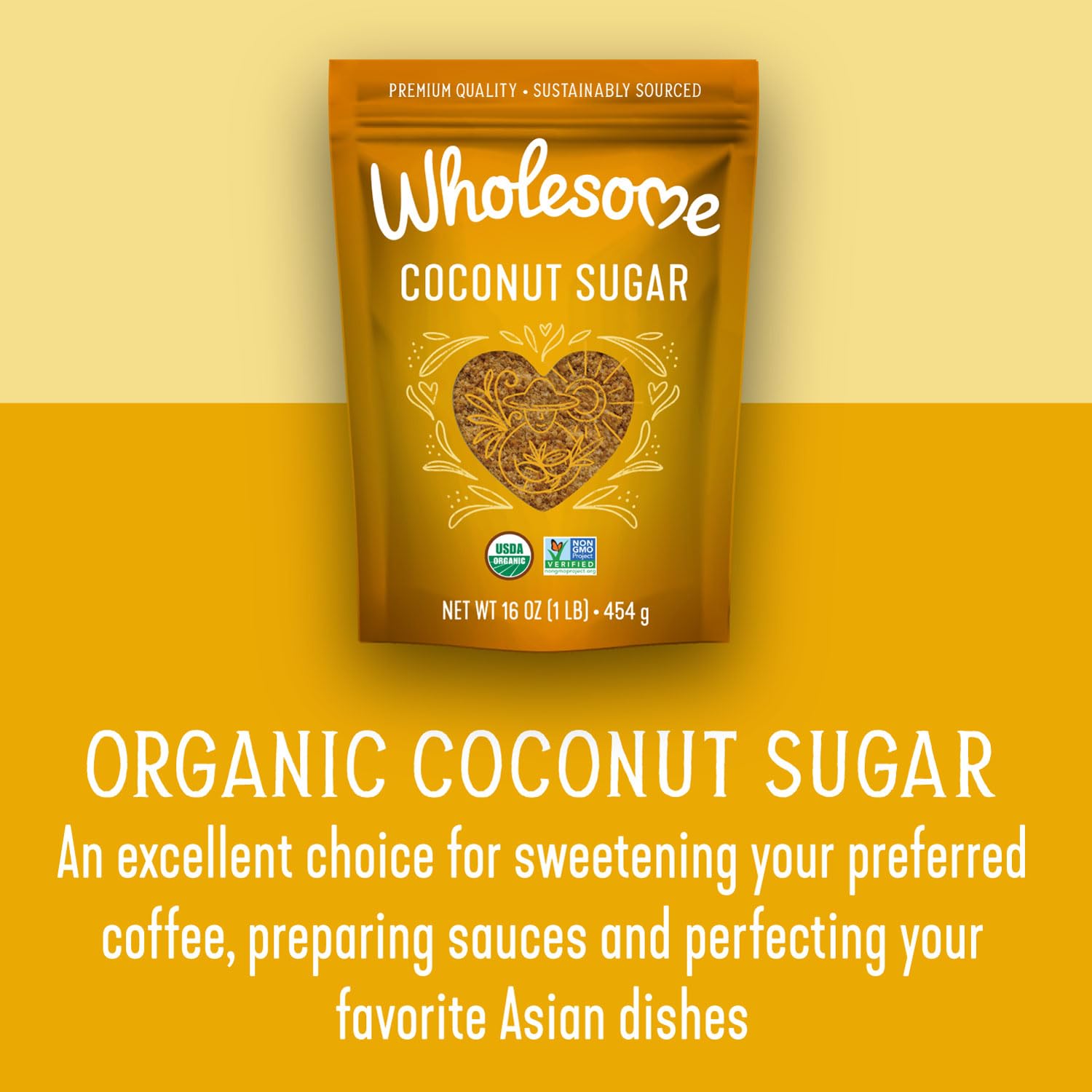 Wholesome Coconut Sugar poured, amber color suggests caramel sweetness.