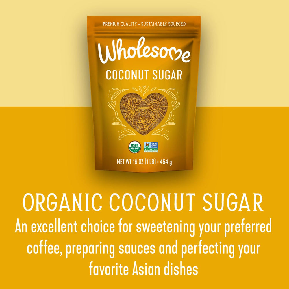 Wholesome Coconut Sugar poured, amber color suggests caramel sweetness.