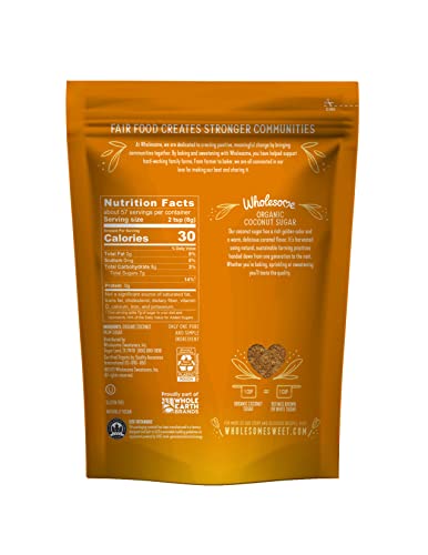 Wholesome Coconut Sugar bag back with certifications and fair trade notes.