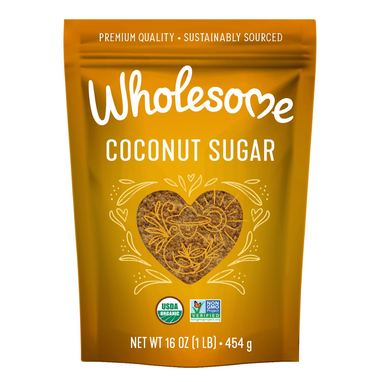 Wholesome Coconut Sugar bag front shows pure coconut palm sugar for baking.