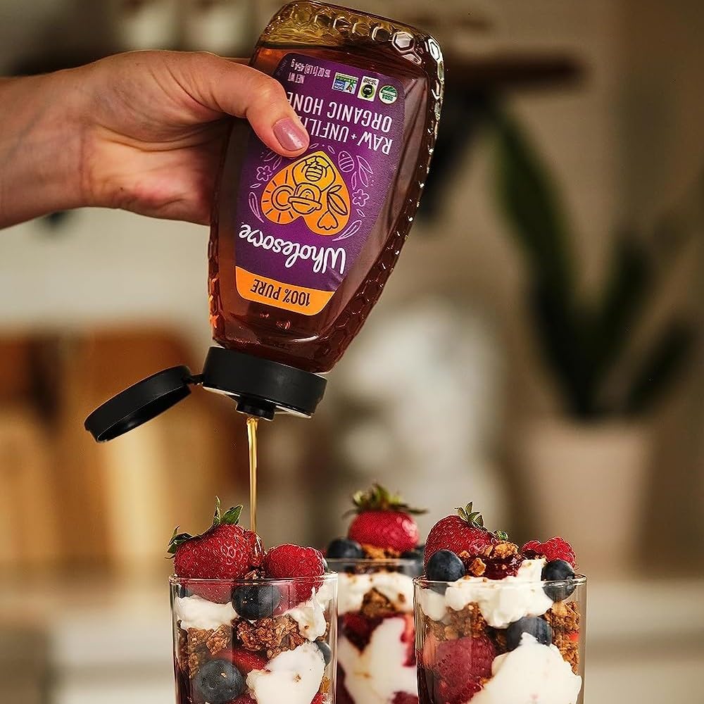 Wholesome Honey pour into tea shows smooth integration for warm beverages.
