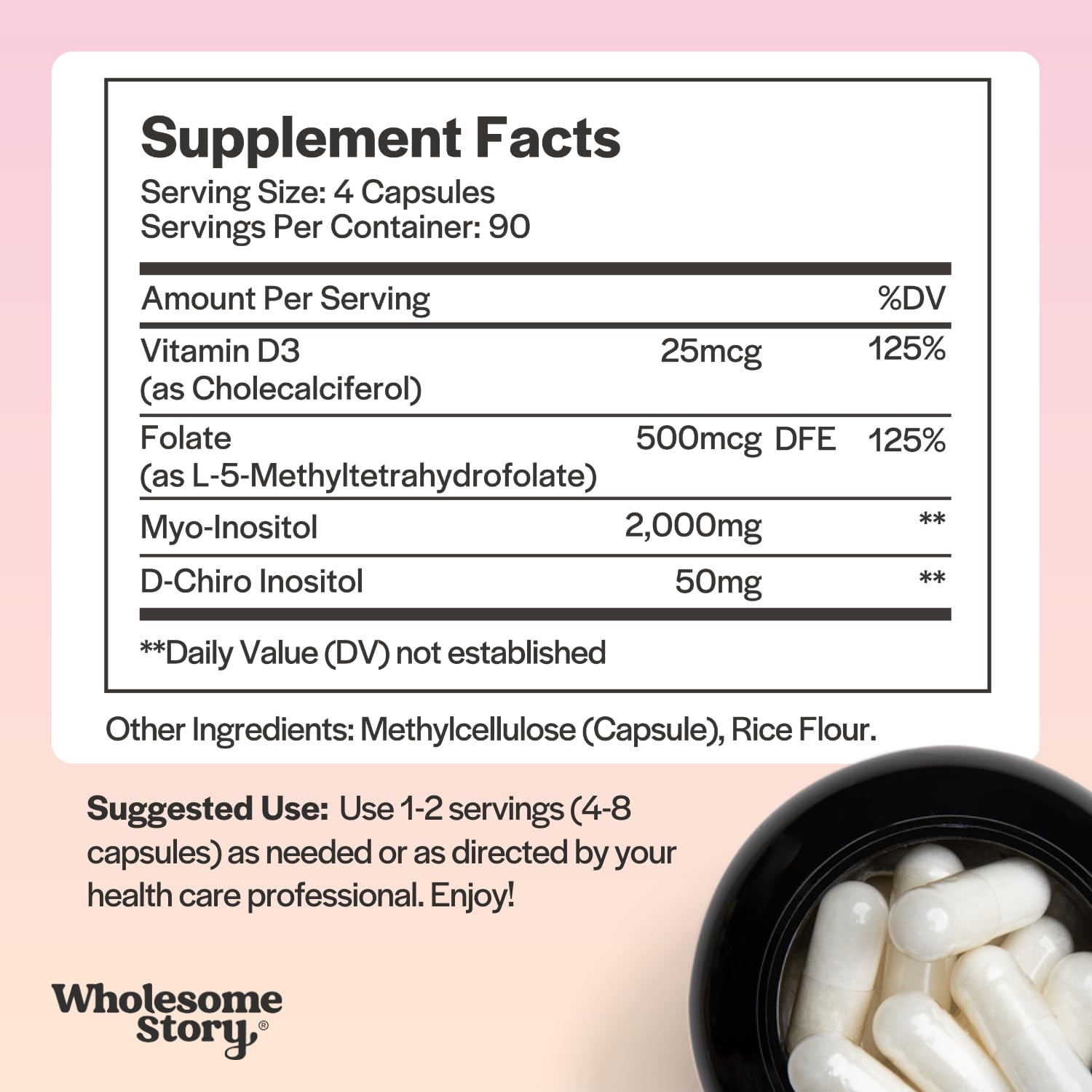 Wholesome Story label closeup shows MTHF folate and vitamin D