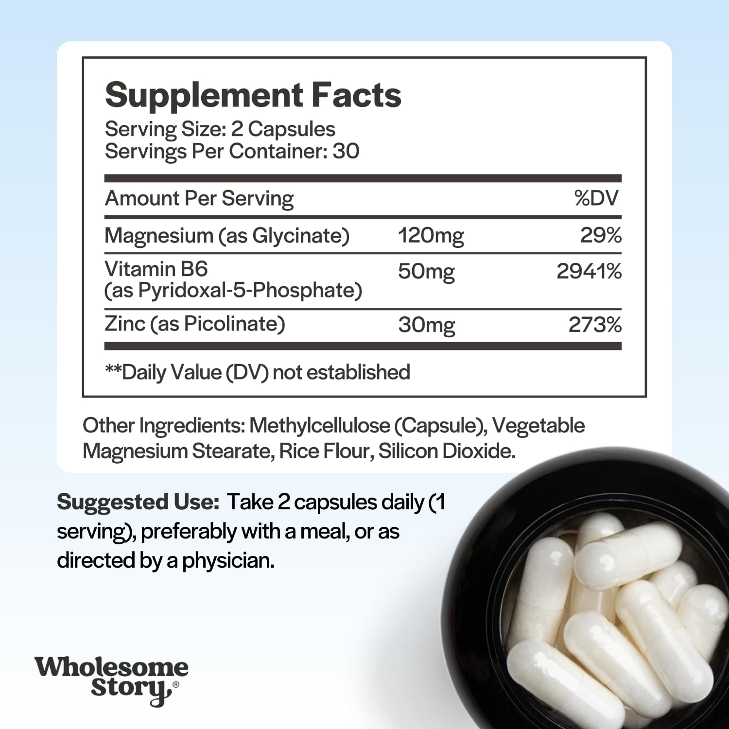 Wholesome Story bottle label showing P5P B6 for mood and PMS support
