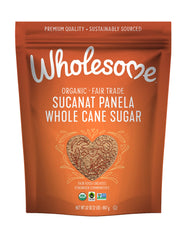 Wholesome Sucanat Panela 32oz packaging showcases organic ingredients.
