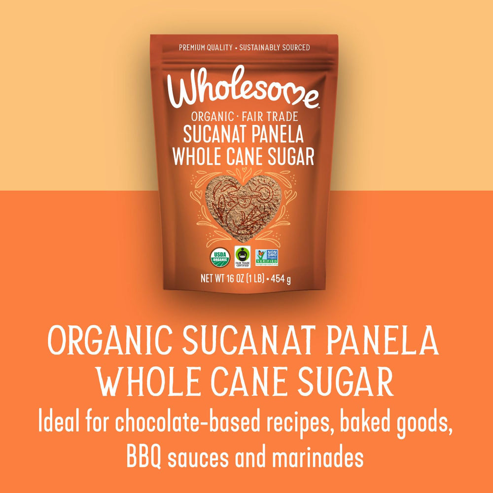 Wholesome Sucanat Panela sprinkled on pancakes demonstrates versatile use.