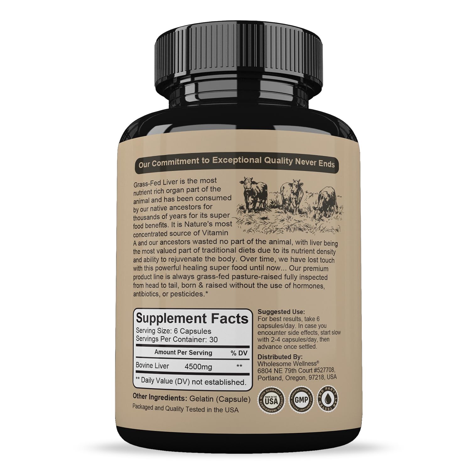 Wholesome Wellness beef liver capsules bottle side view highlighting NZ-sourced ingredients for vitality