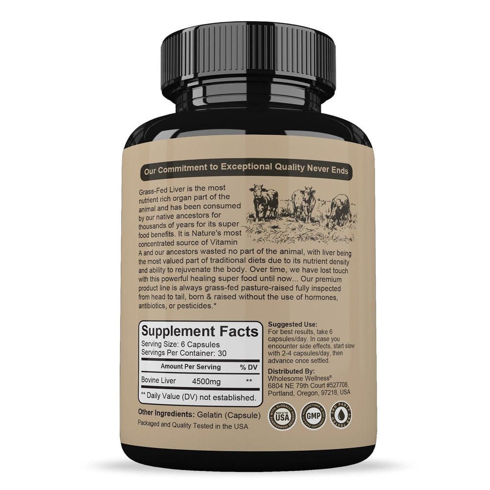 Wholesome Wellness beef liver capsules bottle side view highlighting NZ-sourced ingredients for vitality