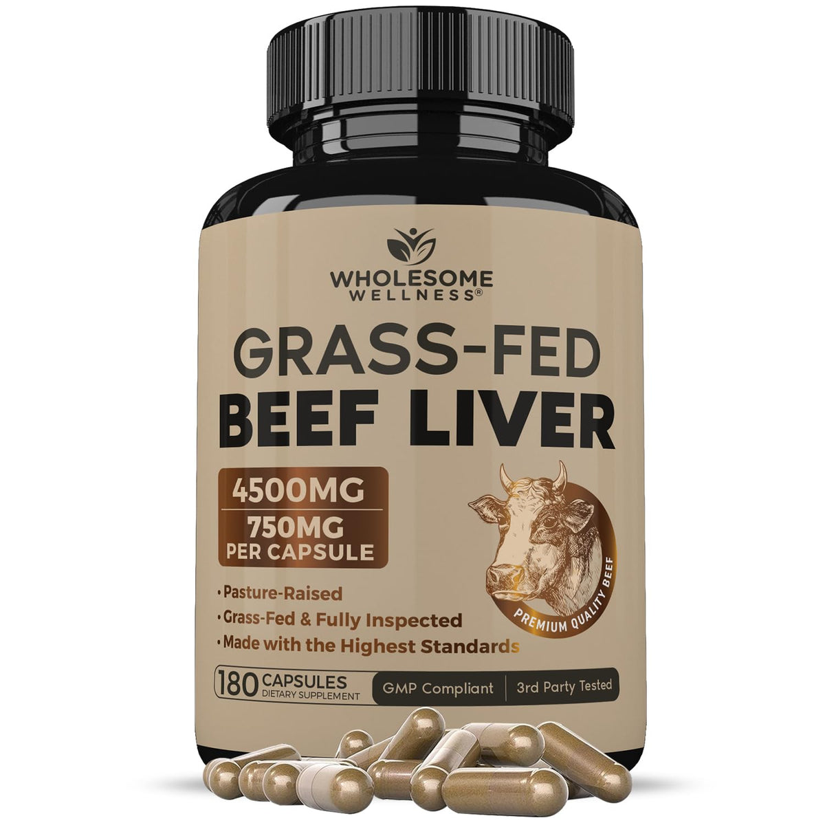 Wholesome Wellness beef liver capsules bottle front label showing natural, hormone-free nutrition for daily energy