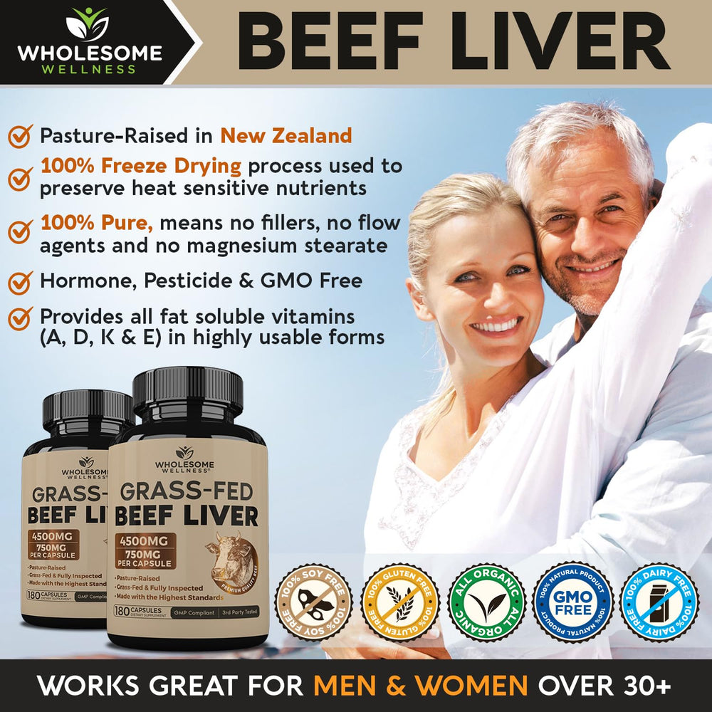 Wholesome Wellness beef liver capsules packaging view underscores clean, additive-free whole-food nutrition