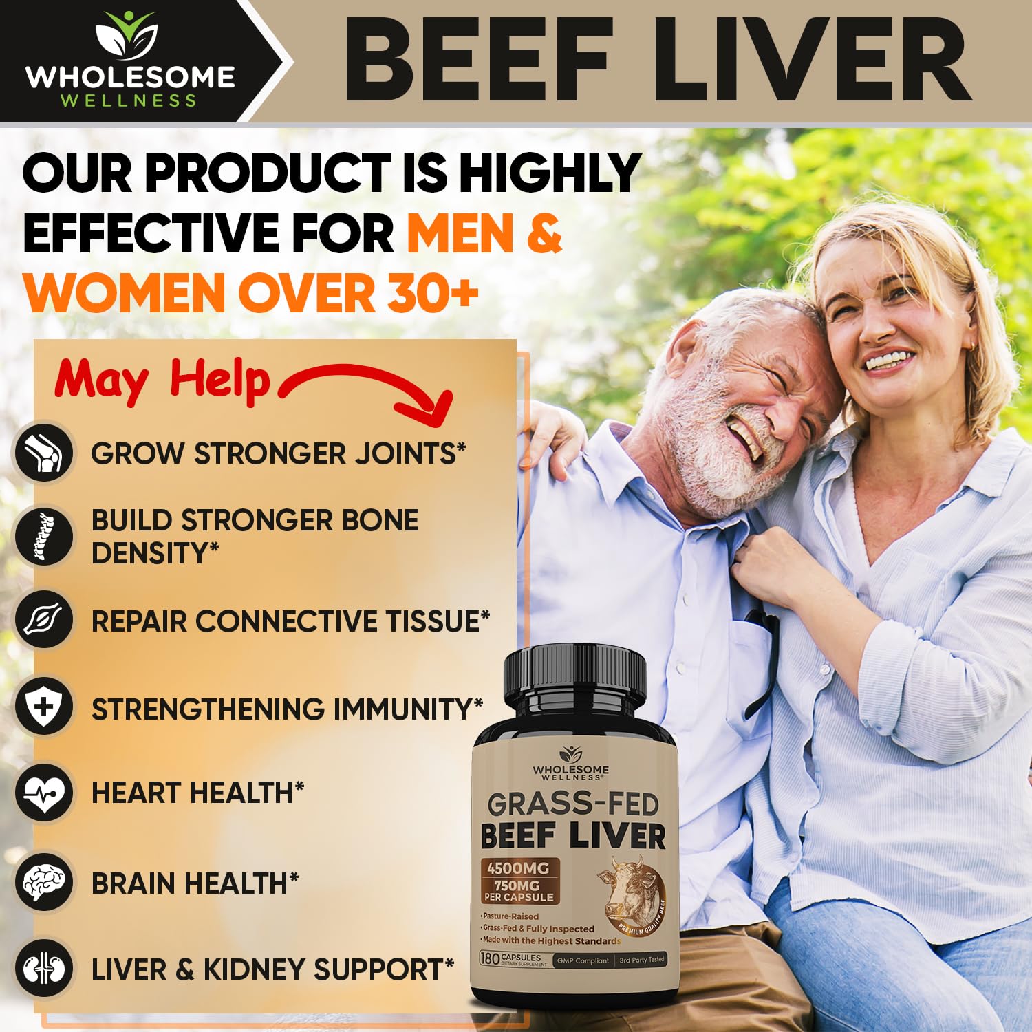 Wholesome Wellness beef liver capsules pour shot emphasizing convenient daily intake and no taste