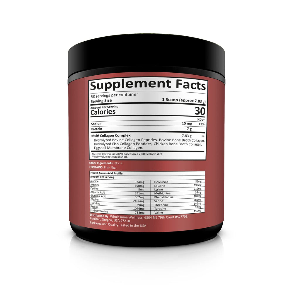 Wholesome Wellness collagen powder close-up highlighting unflavored formula for drinks
