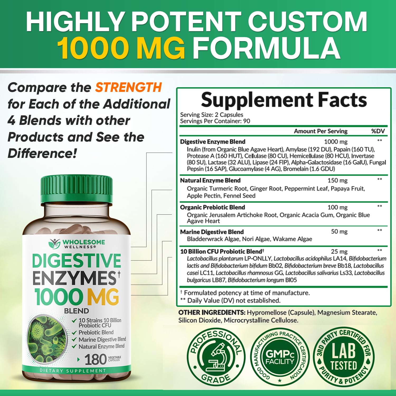 Wholesome Wellness Digestive Enzymes probiotic capsule displays 10 strains for gut balance