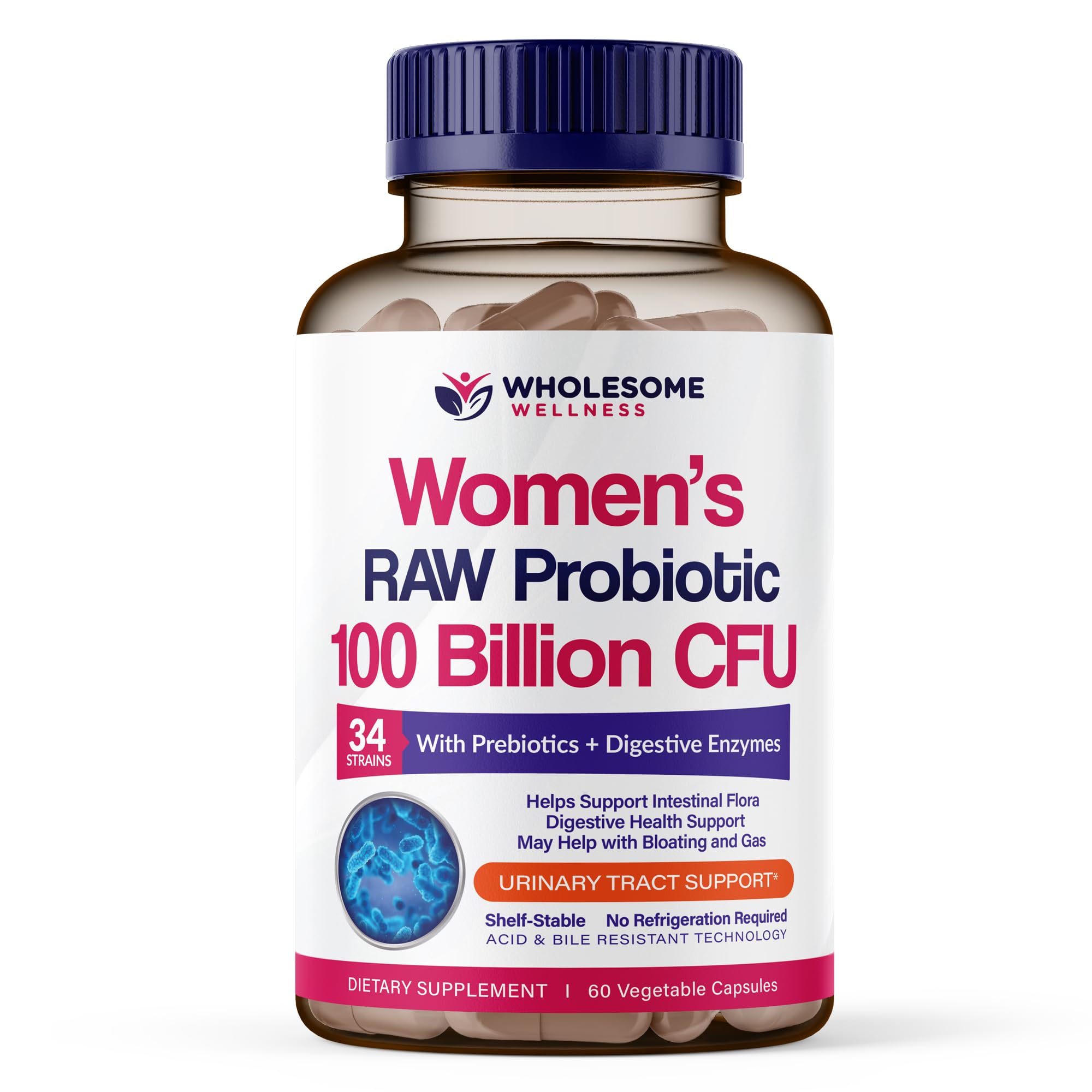 Wholesome Wellness Dr. Formulated Probiotics for Women bottle highlights high potency 100B CFU
