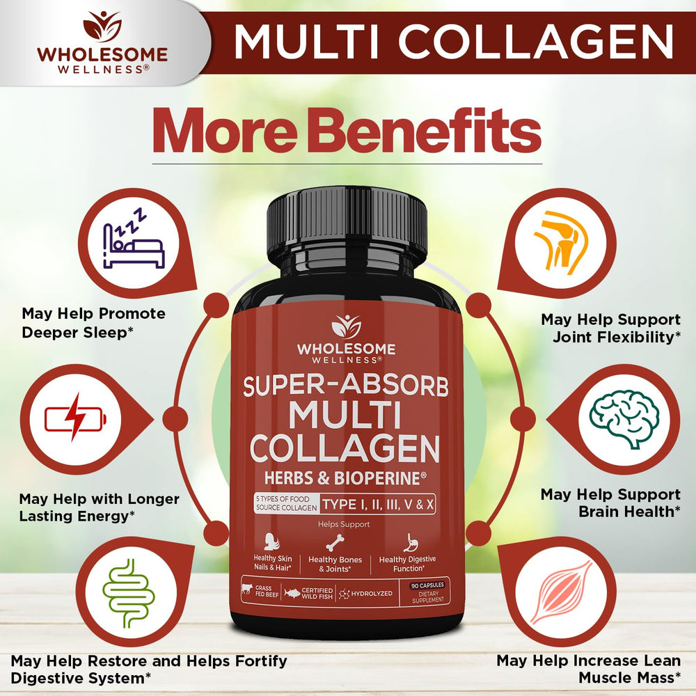 Wholesome Wellness five-type collagen blend visual for comprehensive collagen types