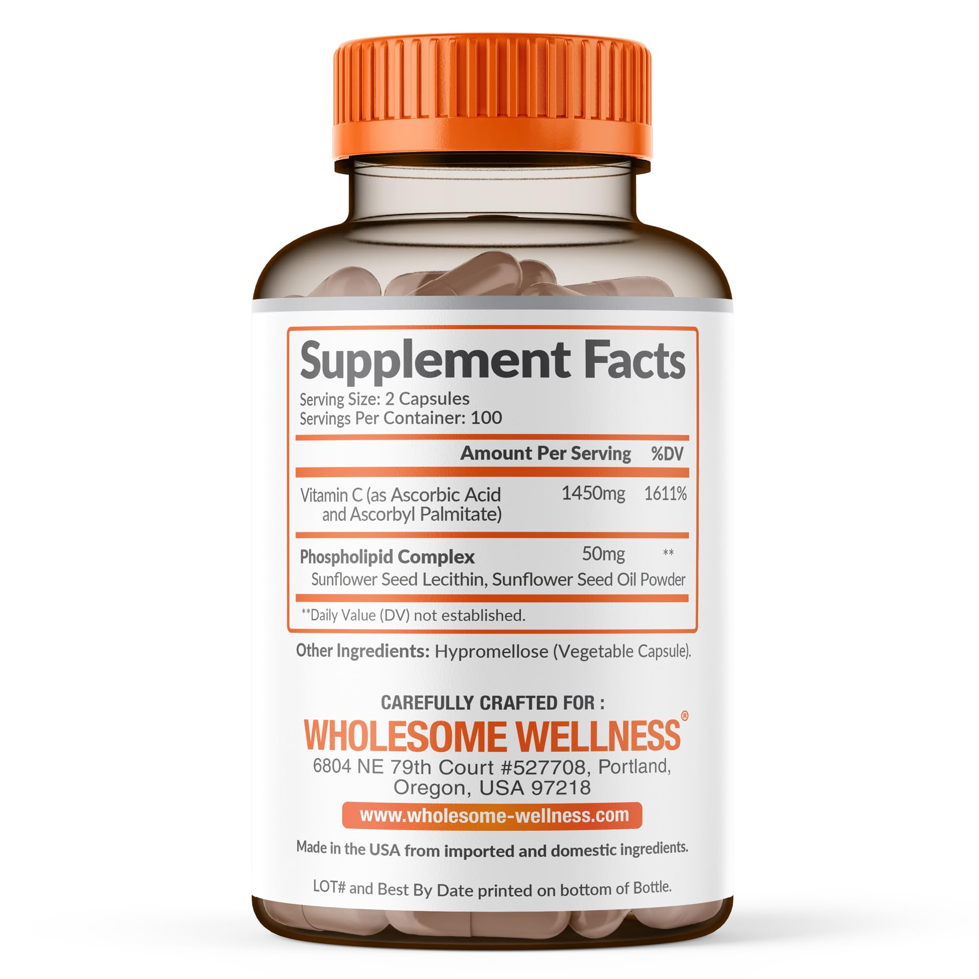 Wholesome Wellness Liposomal Vitamin C bottle angled view showing 200 capsules per bottle.