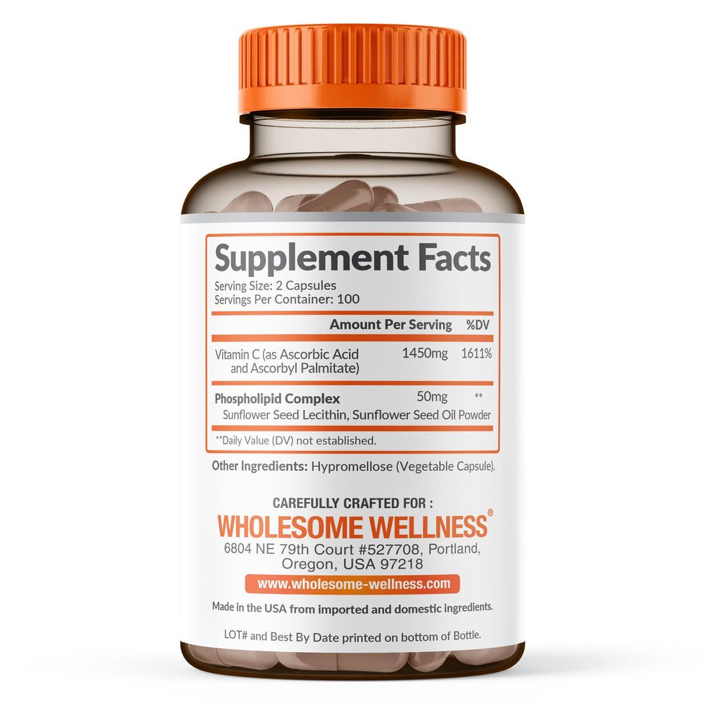 Wholesome Wellness Liposomal Vitamin C bottle angled view showing 200 capsules per bottle.