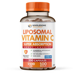 Wholesome Wellness Liposomal Vitamin C bottle front view highlighting high-dose 1500 mg per serving.