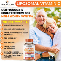 Wholesome Wellness Liposomal Vitamin C capsules close-up, vegetarian and vegan friendly.