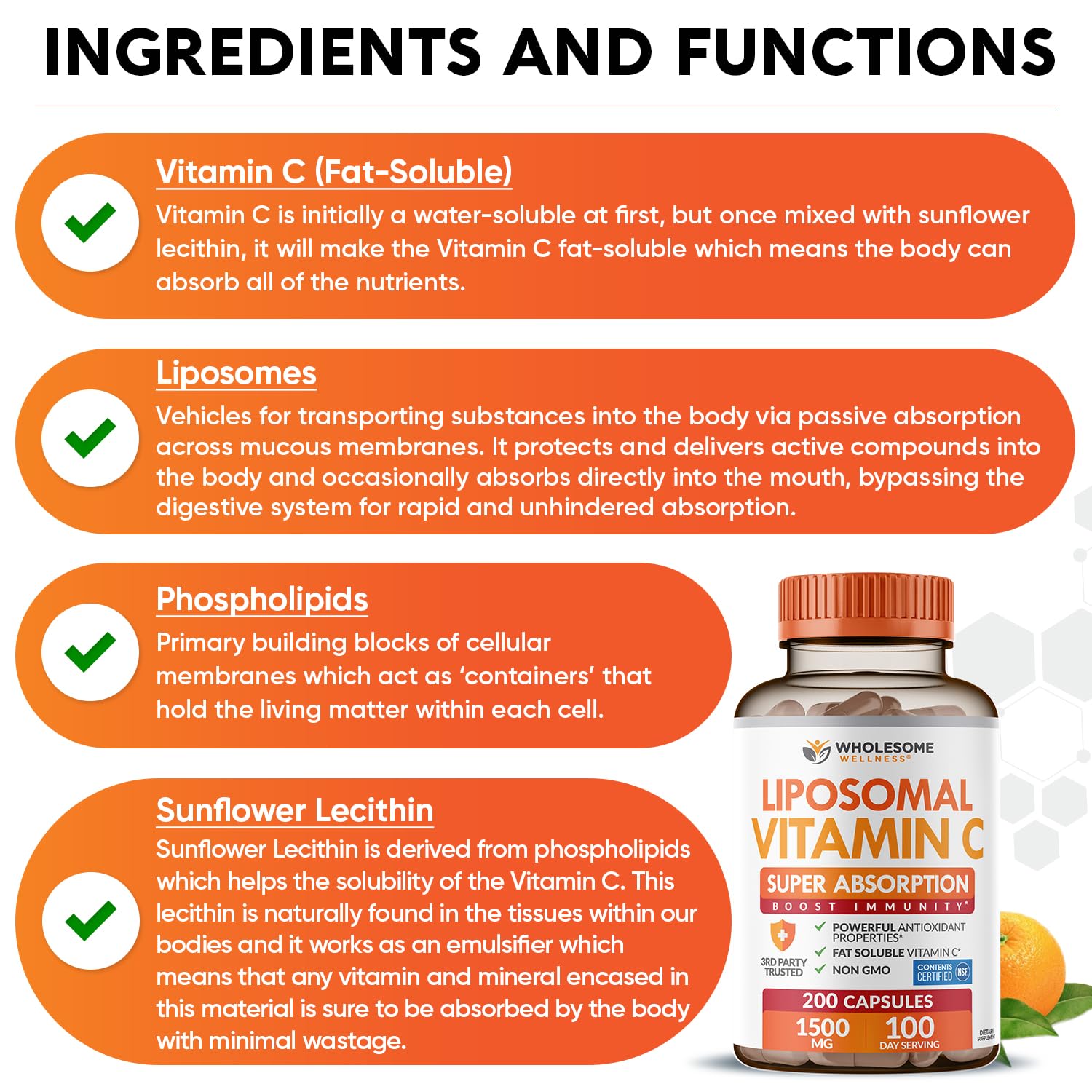 Wholesome Wellness Vitamin C label showing non-GMO and soy-free details.