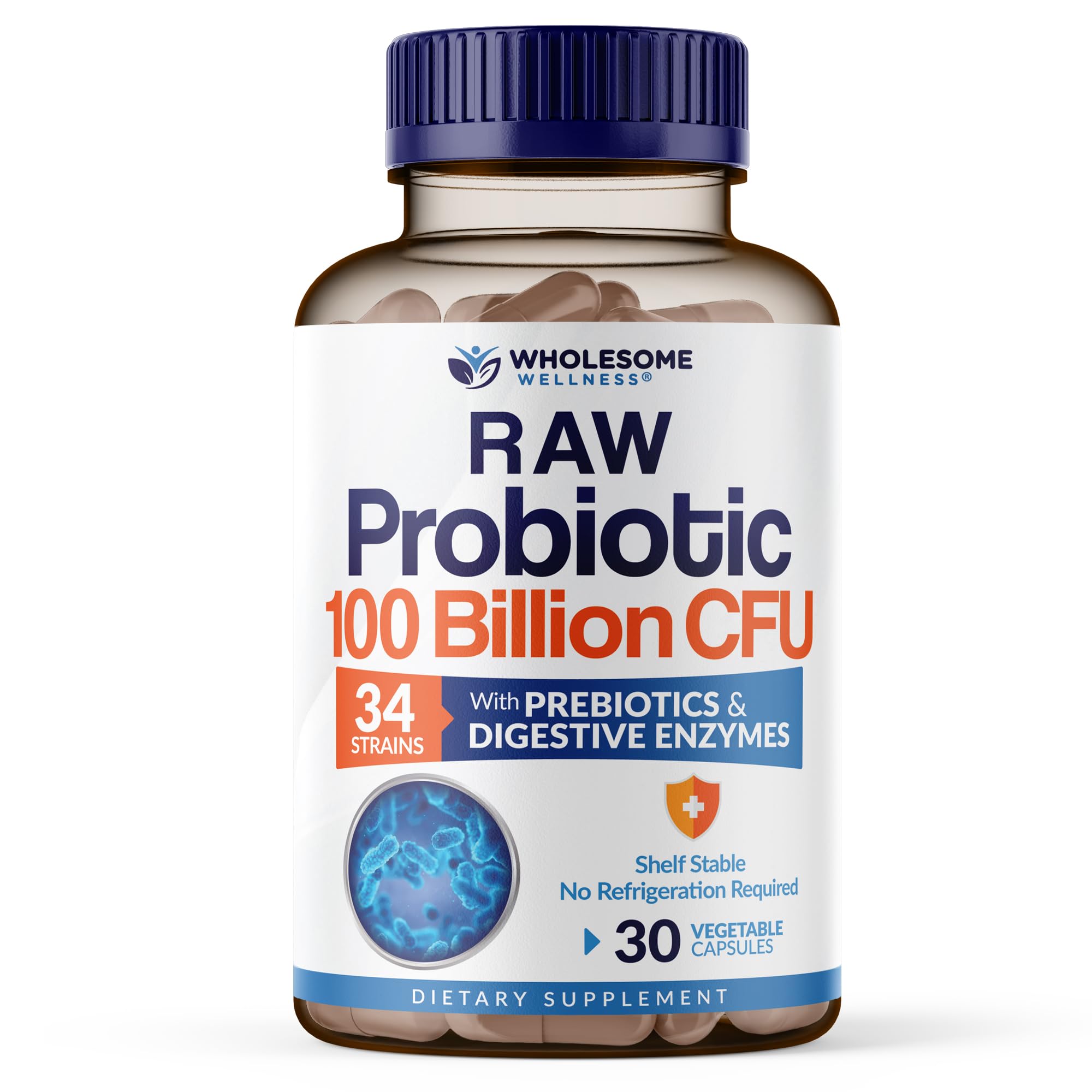 Wholesome Wellness Organic Raw Probiotics bottle showing 100B CFU per serving