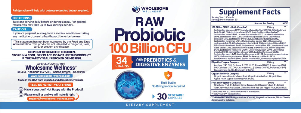 Close up view of Wholesome Wellness probiotic capsule for daily use