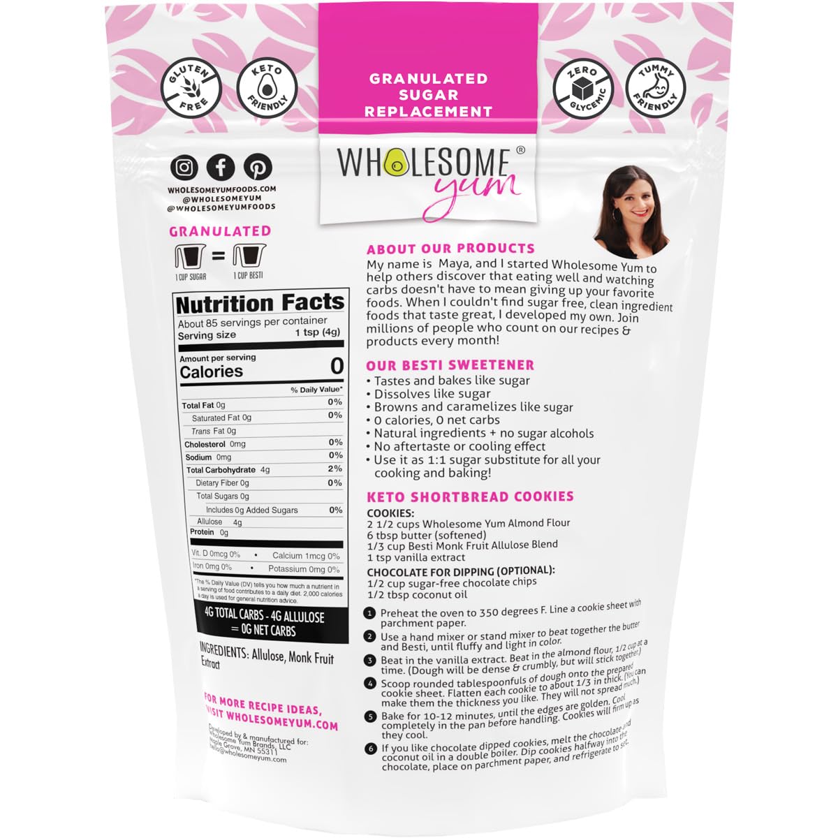 Wholesome Yum Besti label close-up highlighting natural ingredients and allulose.