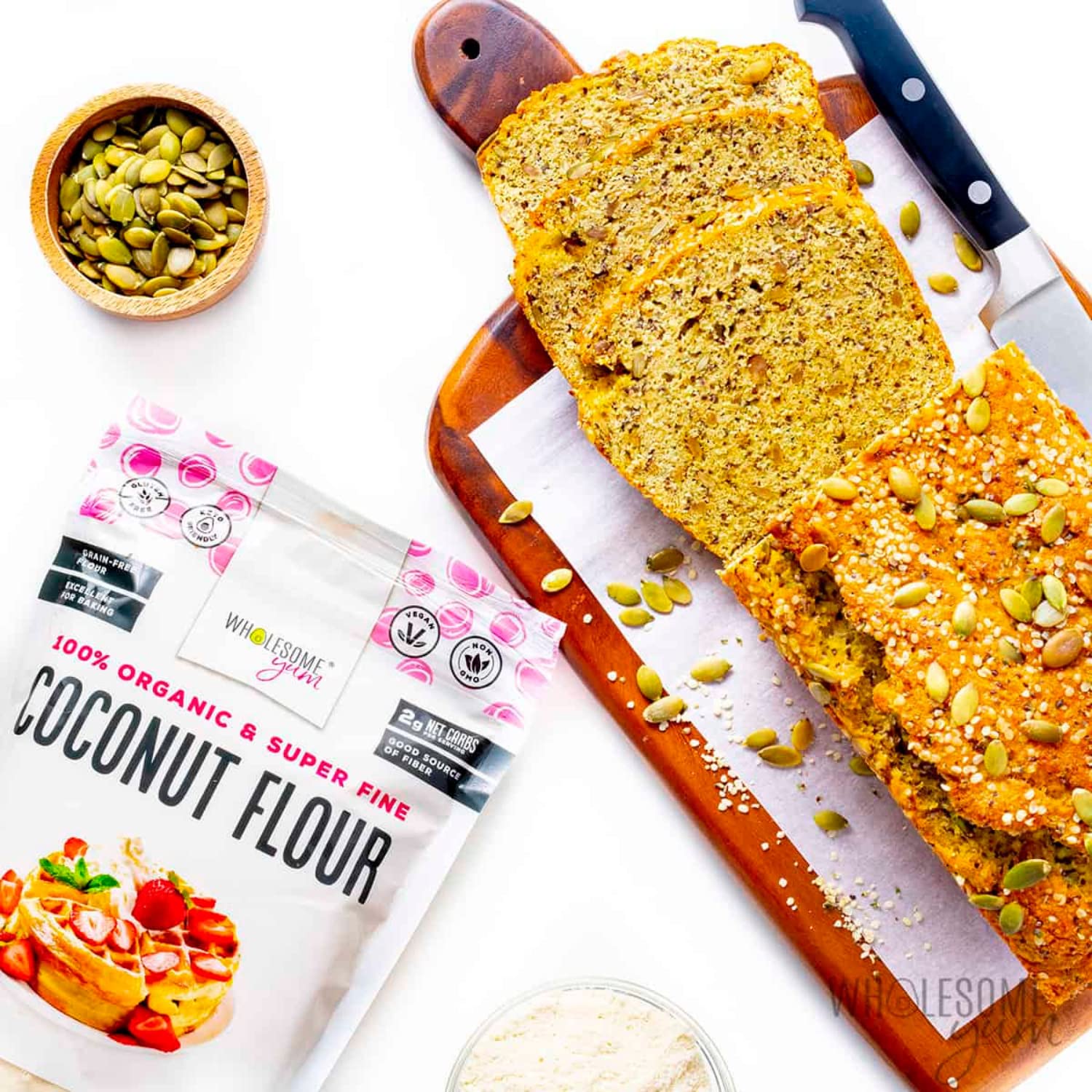 Wholesome Yum Coconut Flour sifted over batter creates light, fluffy textures.
