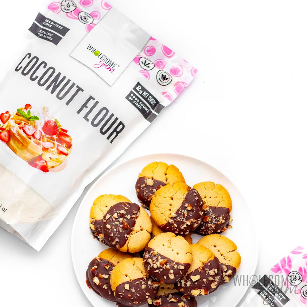 Wholesome Yum Coconut Flour beside eggs and berries hints at pancake batter possibilities.
