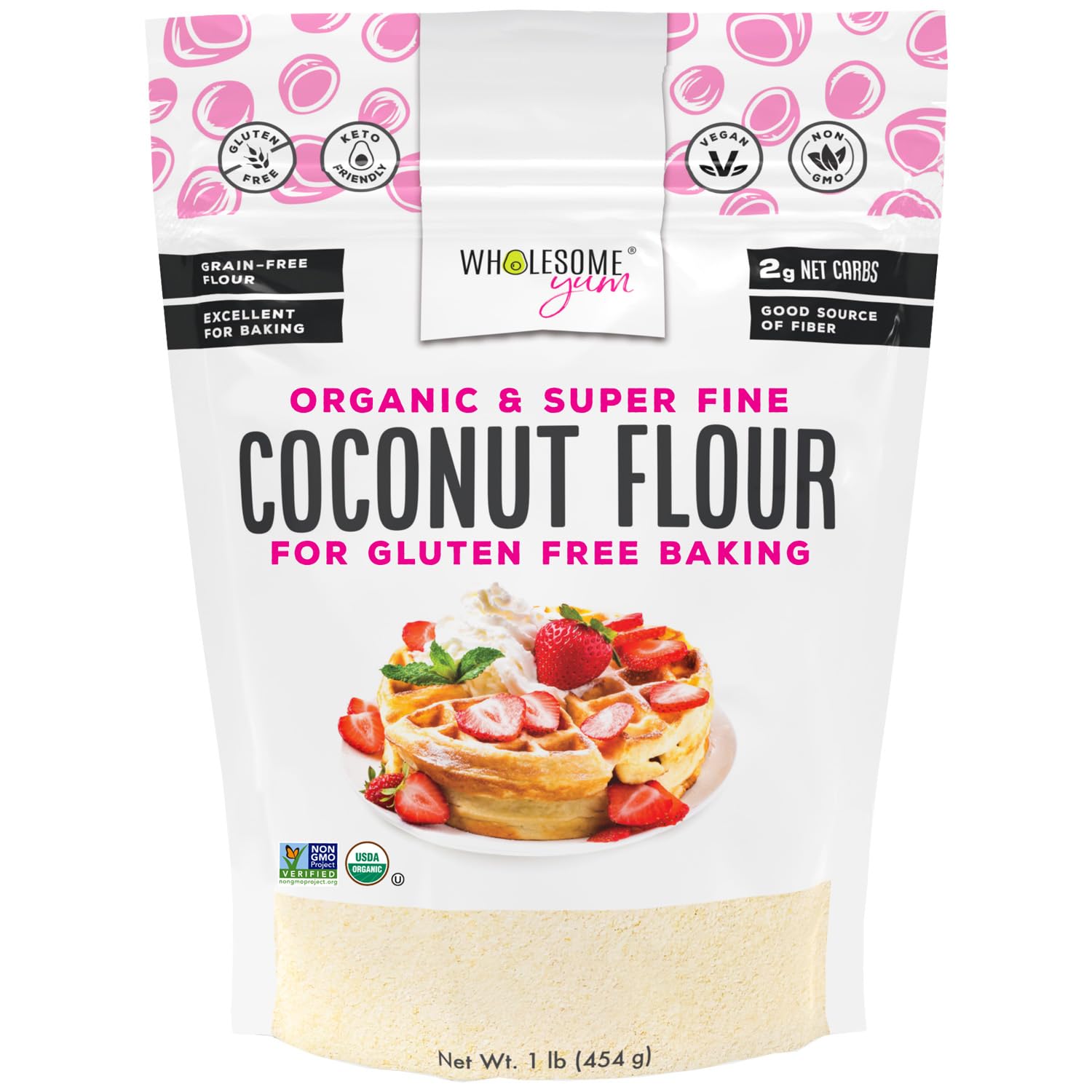 Wholesome Yum Coconut Flour packaging highlights a pure organic ingredient for gluten-free baking.