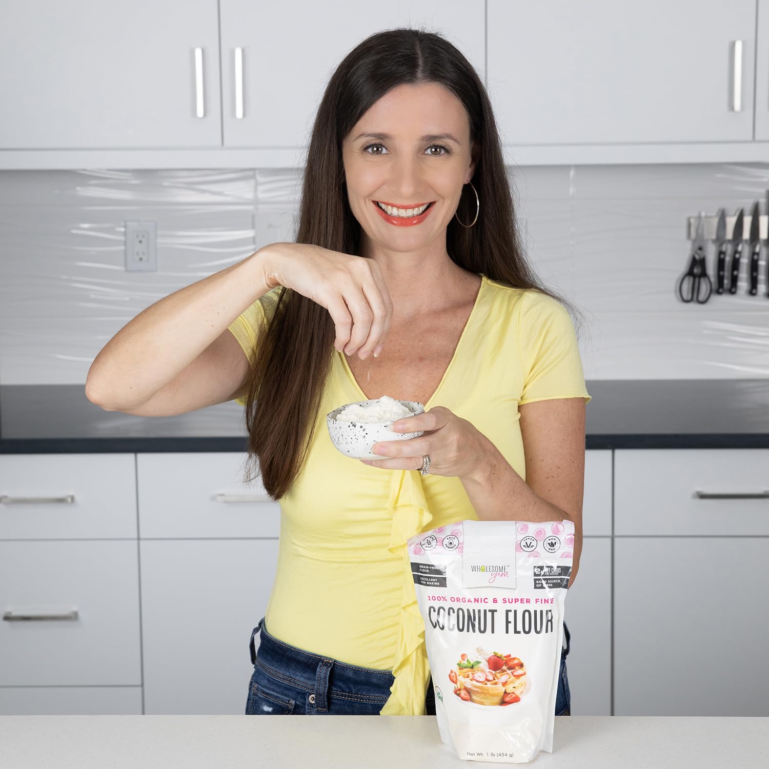 Wholesome Yum Coconut Flour mixed into cookie dough reveals gluten-free treats.