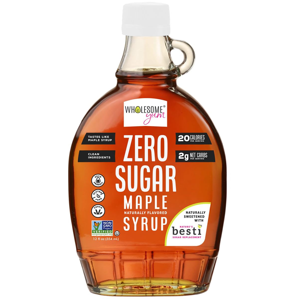 Wholesome Yum Zero Sugar Maple Syrup bottle pour, thick maple flavor for pancakes.